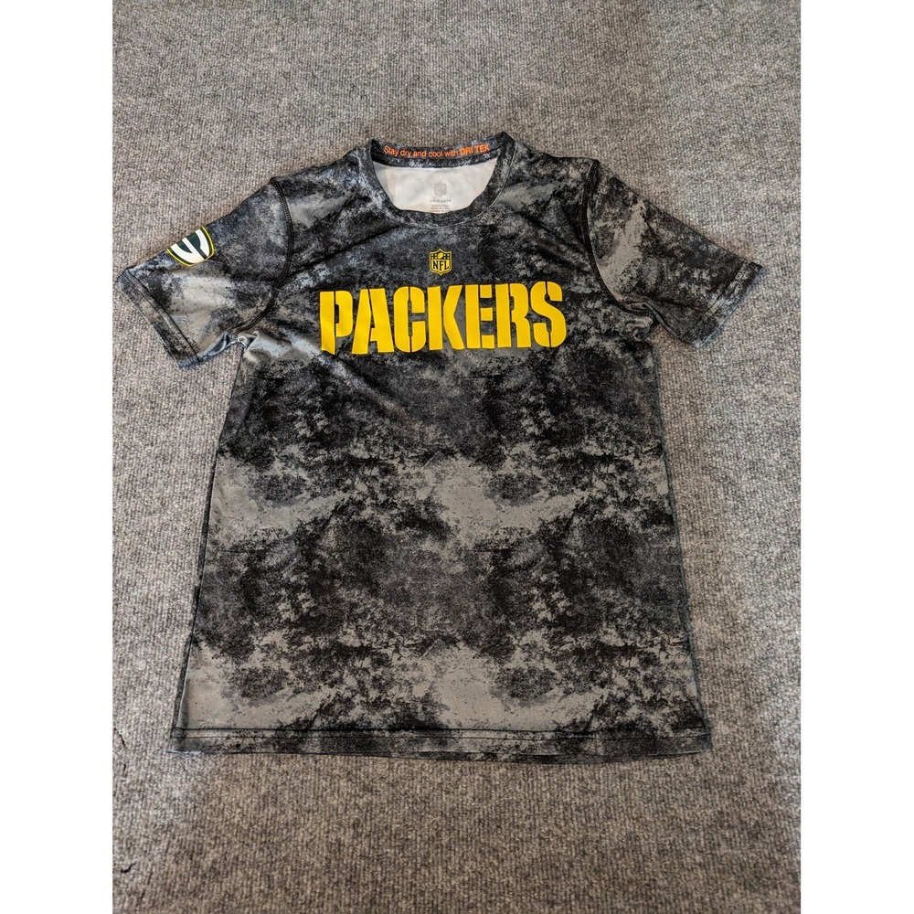 NFL Greenbay Packers Gray/black Athletic Dri Tek T-shirt Tee Youth L 14/16